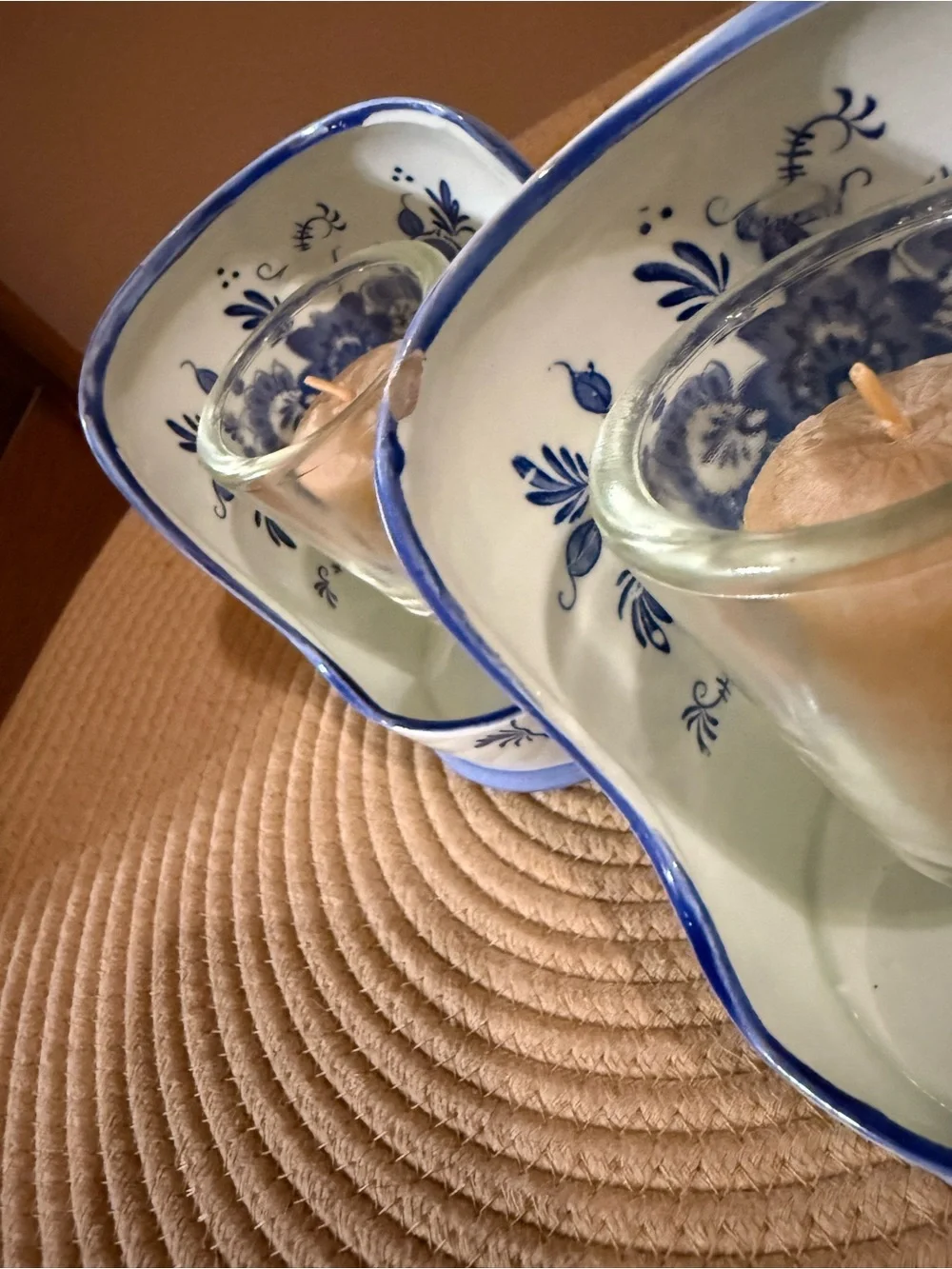 Blue & White Ceramic Votive Candle Holders with Floral Motif - Pair